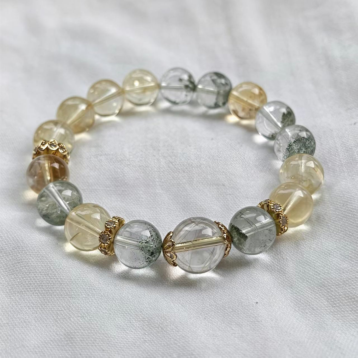 Green Phantom & Gold Rutilated Quartz Bracelet | Mixed Size Beads | Fulverane