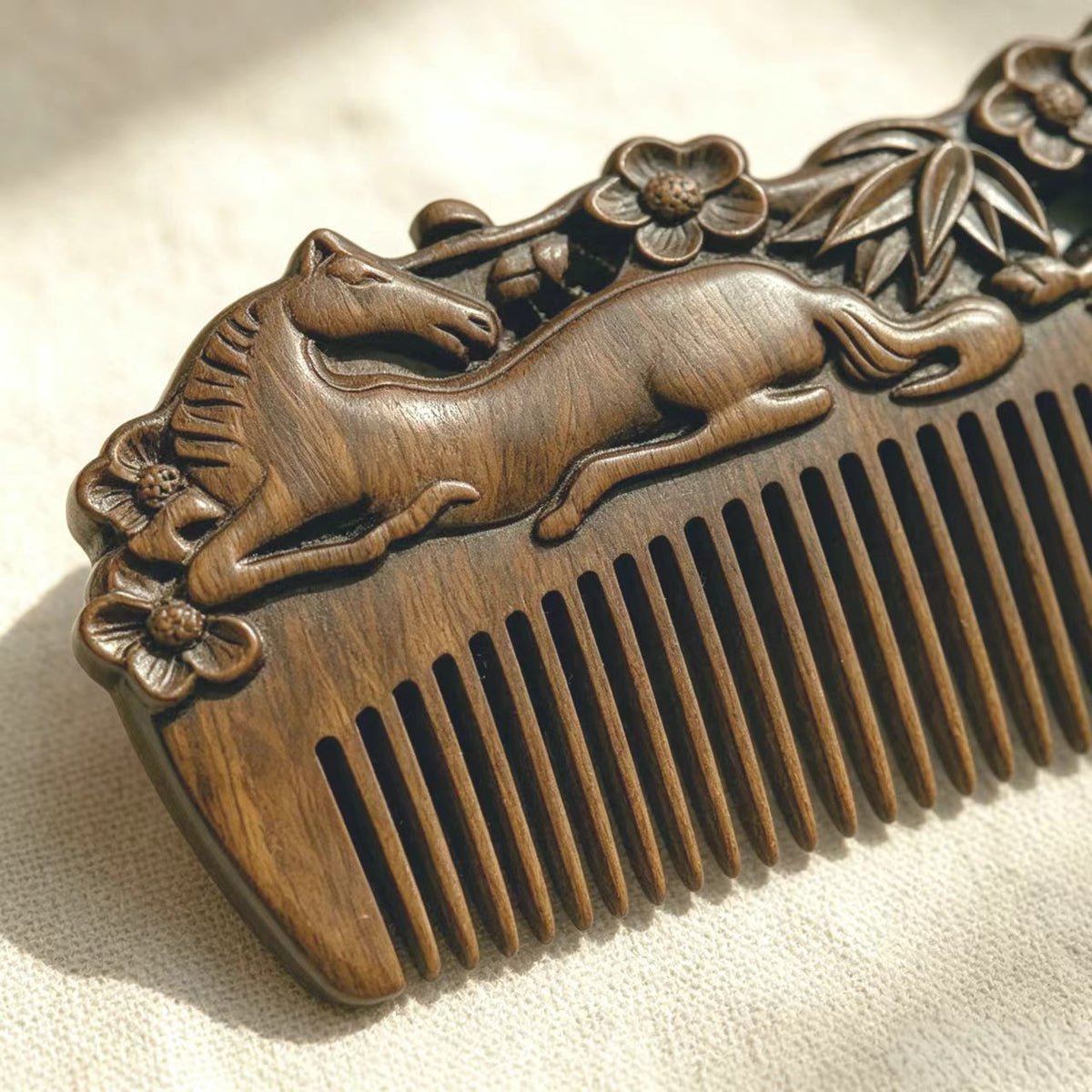 Hand-Carved Horse & Plum Blossom Green Sandalwood Comb | Anti-Static