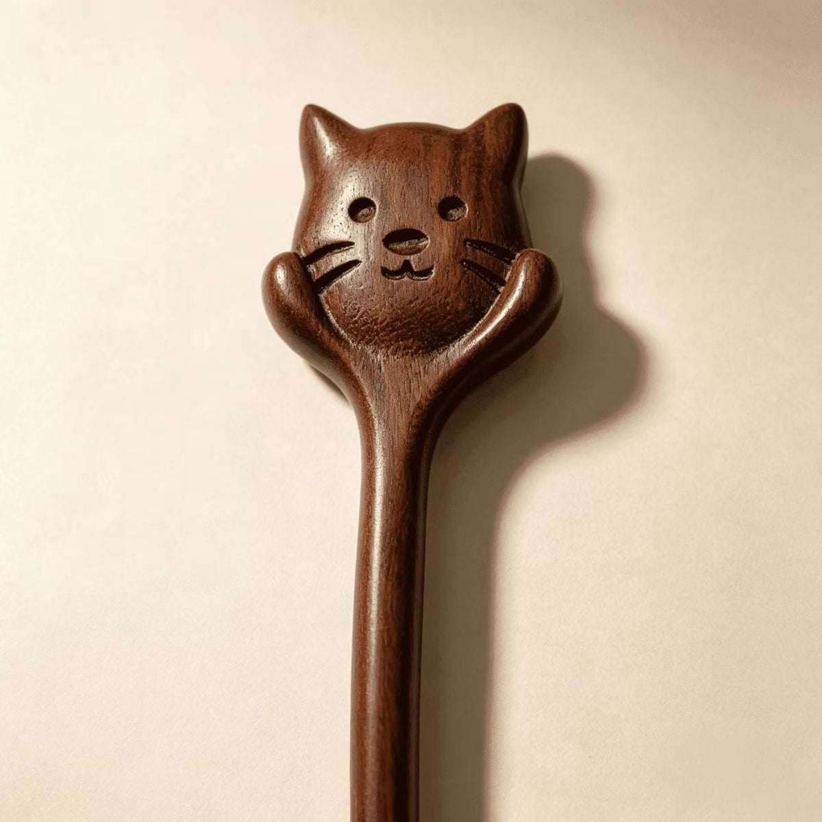 Hand-Carved Cat Face Sandalwood Hair Stick | Cute Wooden Hair Pin
