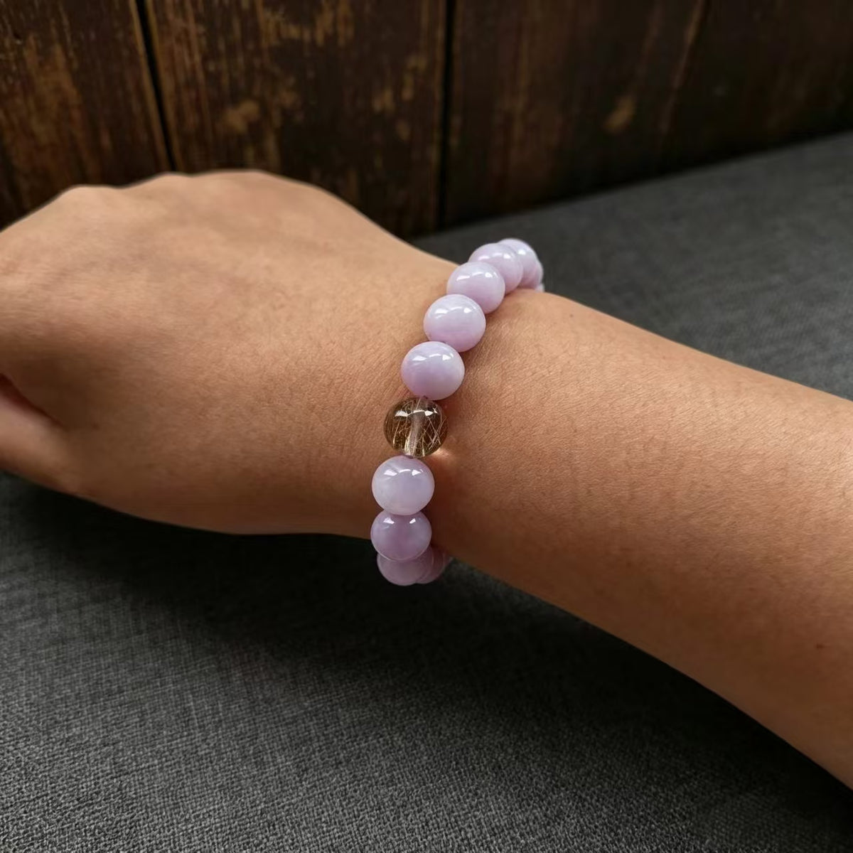 Handmade Natural Kunzite Bracelet | Gold Rutilated Quartz & Chalcedony | Mixed Size Beads