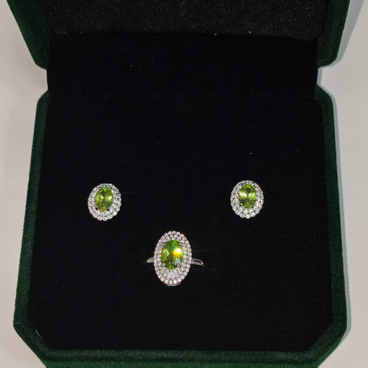 Natural Peridot Ring & Earrings Set | 925 Sterling Silver & Zirconia