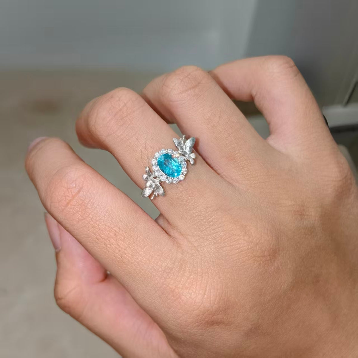 Natural Blue Apatite Butterfly Ring | 925 Silver | Adjustable