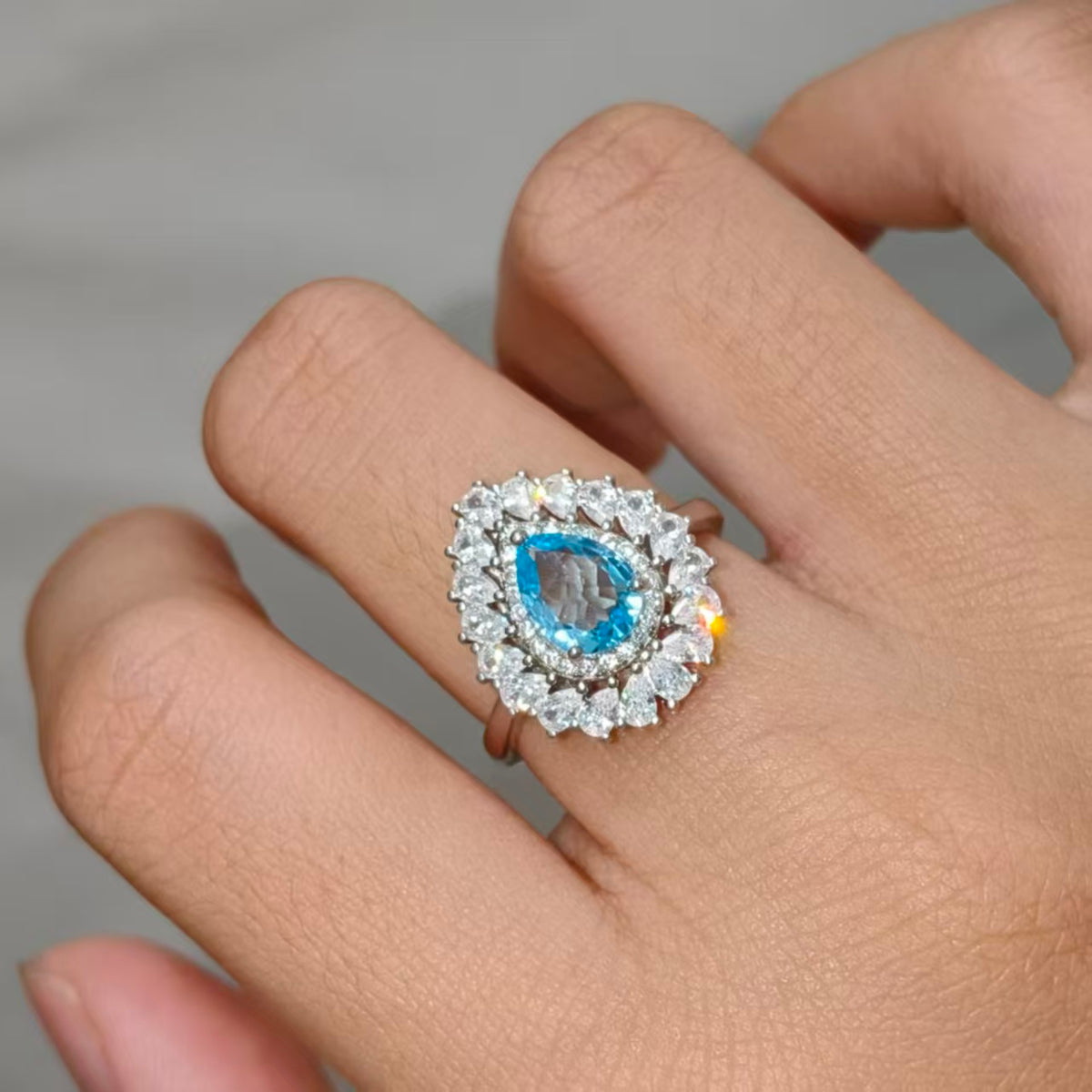 Natural Blue Topaz Ring | Adjustable 925 Sterling Silver | Zirconia