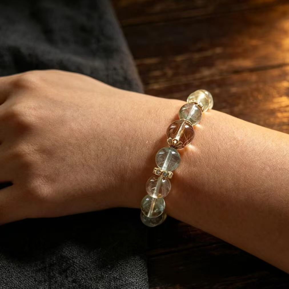 Green Phantom & Gold Rutilated Quartz Bracelet | Mixed Size Beads | Fulverane