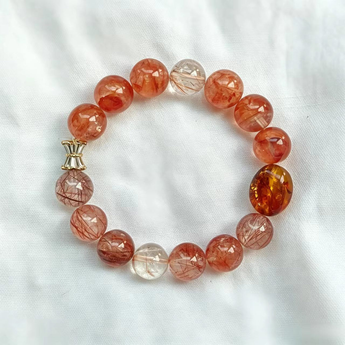 Handmade Natural Crystal Bracelet | Gold Rutilated Quartz & Ghost Phantom | 12mm Beaded Jewelry