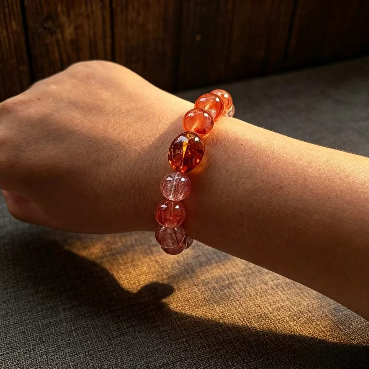 Handmade Natural Crystal Bracelet | Gold Rutilated Quartz & Ghost Phantom | 12mm Beaded Jewelry