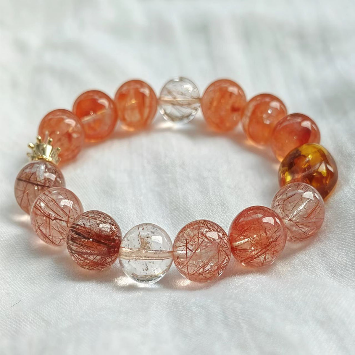 Handmade Natural Crystal Bracelet | Gold Rutilated Quartz & Ghost Phantom | 12mm Beaded Jewelry