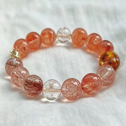 Handmade Natural Crystal Bracelet | Gold Rutilated Quartz & Ghost Phantom | 12mm Beaded Jewelry