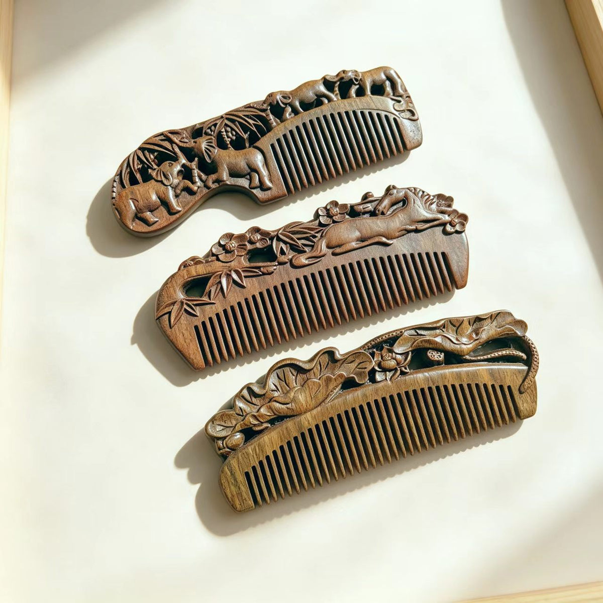 Hand-Carved Green Sandalwood Comb Set of 3 | Natural Wooden Hair Combs