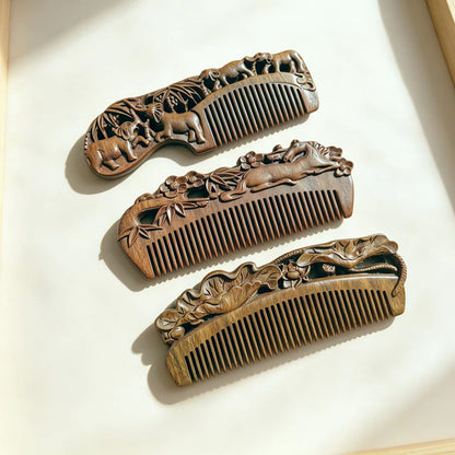 Hand-Carved Green Sandalwood Comb Set of 3 | Natural Wooden Hair Combs