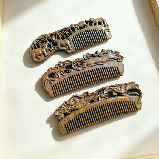 Hand-Carved Green Sandalwood Comb Set of 3 | Natural Wooden Hair Combs