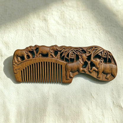 Hand-Carved Elephant Green Sandalwood Comb | Anti-Static