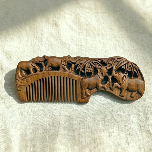 Hand-Carved Elephant Green Sandalwood Comb | Anti-Static