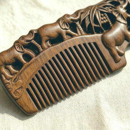 Hand-Carved Elephant Green Sandalwood Comb | Anti-Static