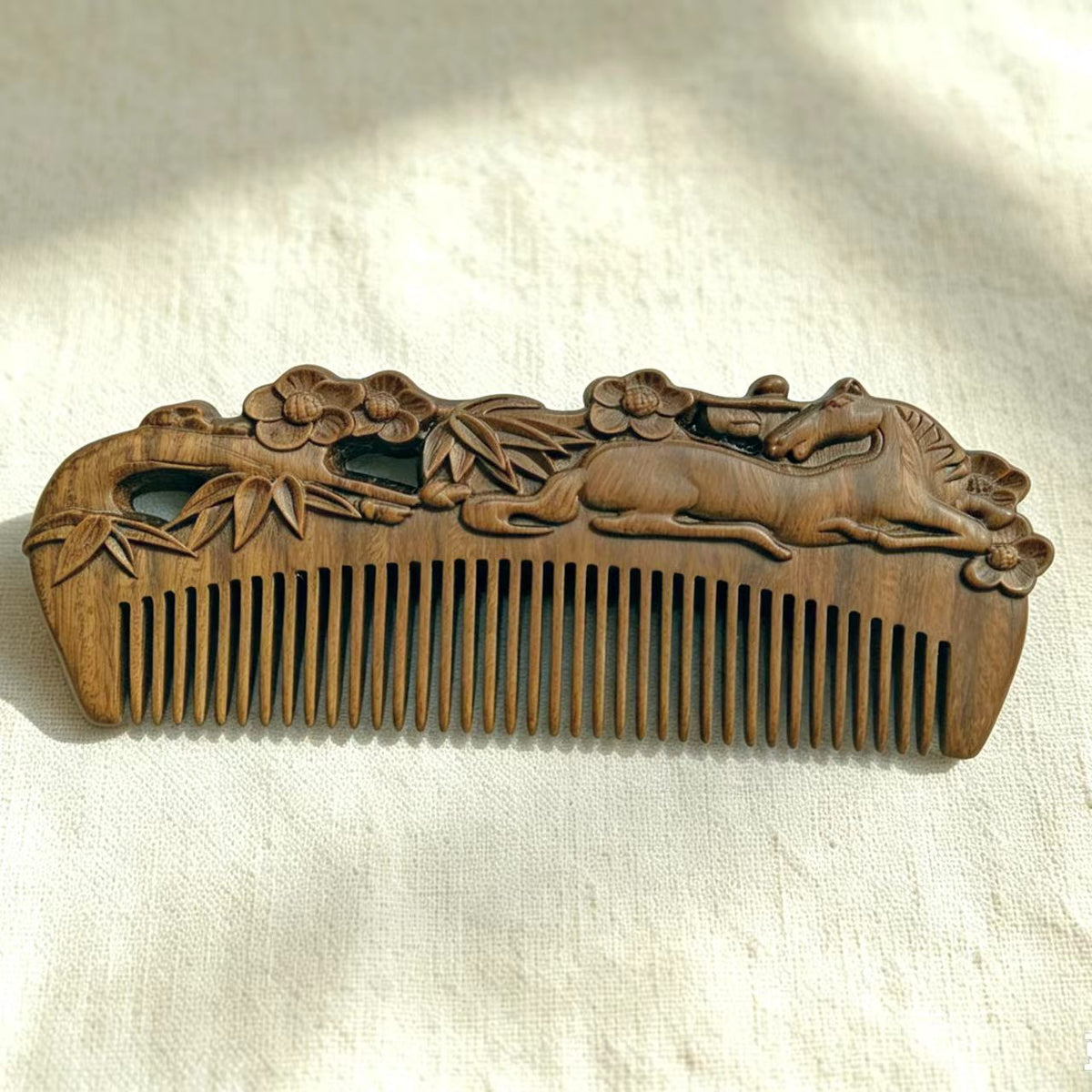 Hand-Carved Horse & Plum Blossom Green Sandalwood Comb | Anti-Static