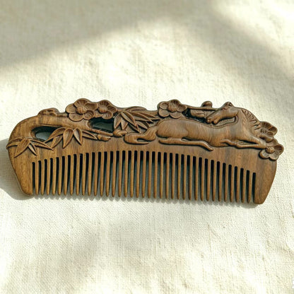 Hand-Carved Horse & Plum Blossom Green Sandalwood Comb | Anti-Static