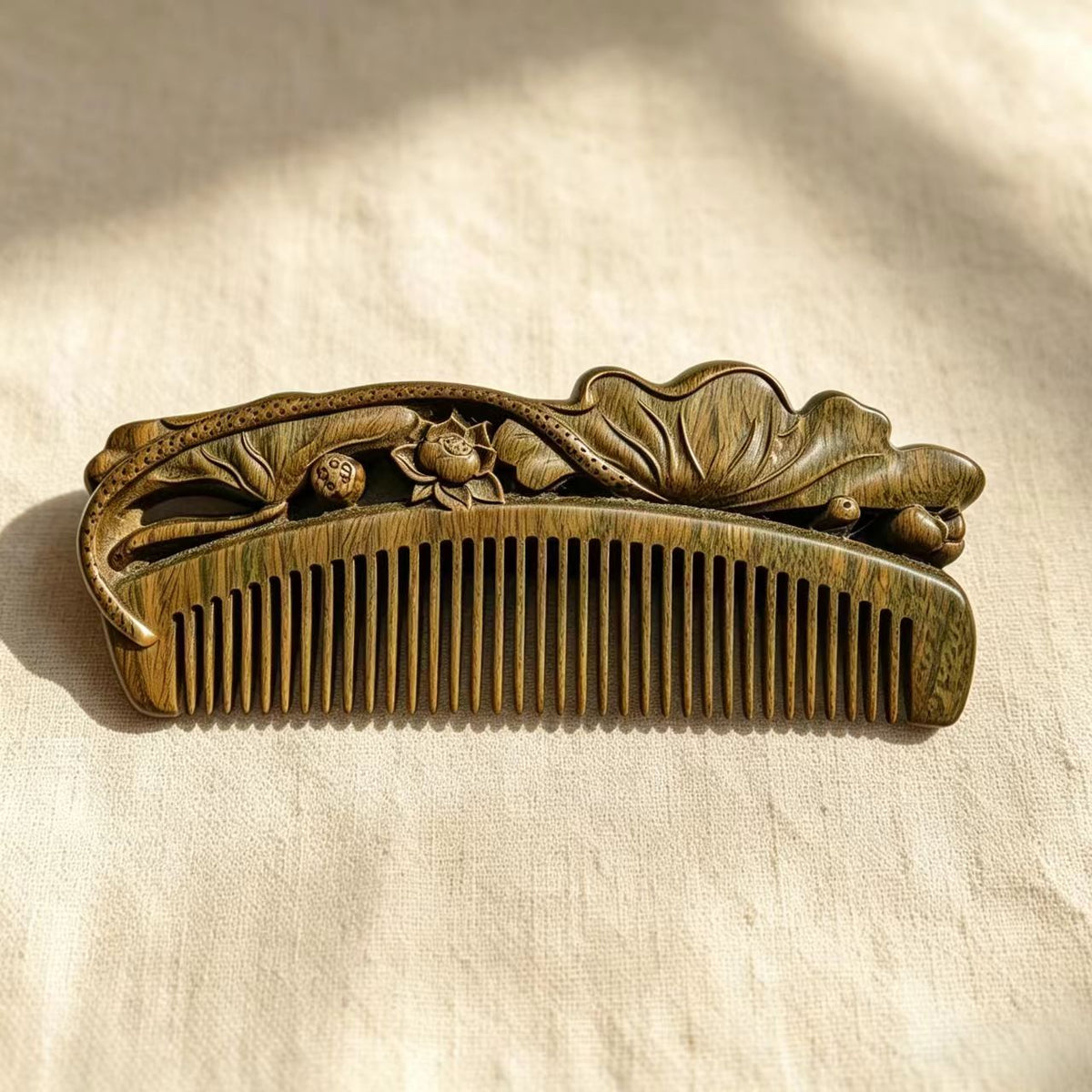 Hand-Carved Lotus Green Sandalwood Comb | Anti-Static