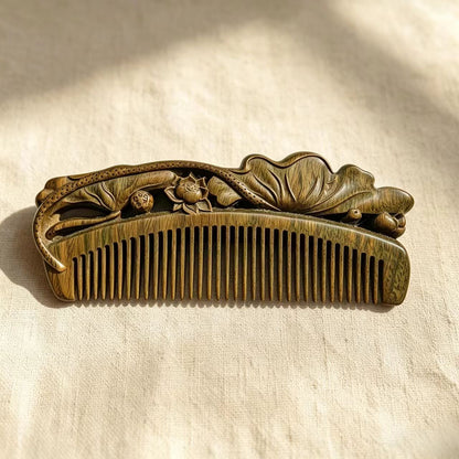 Hand-Carved Lotus Green Sandalwood Comb | Anti-Static