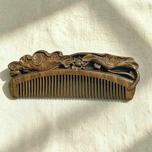 Hand-Carved Lotus Green Sandalwood Comb | Anti-Static