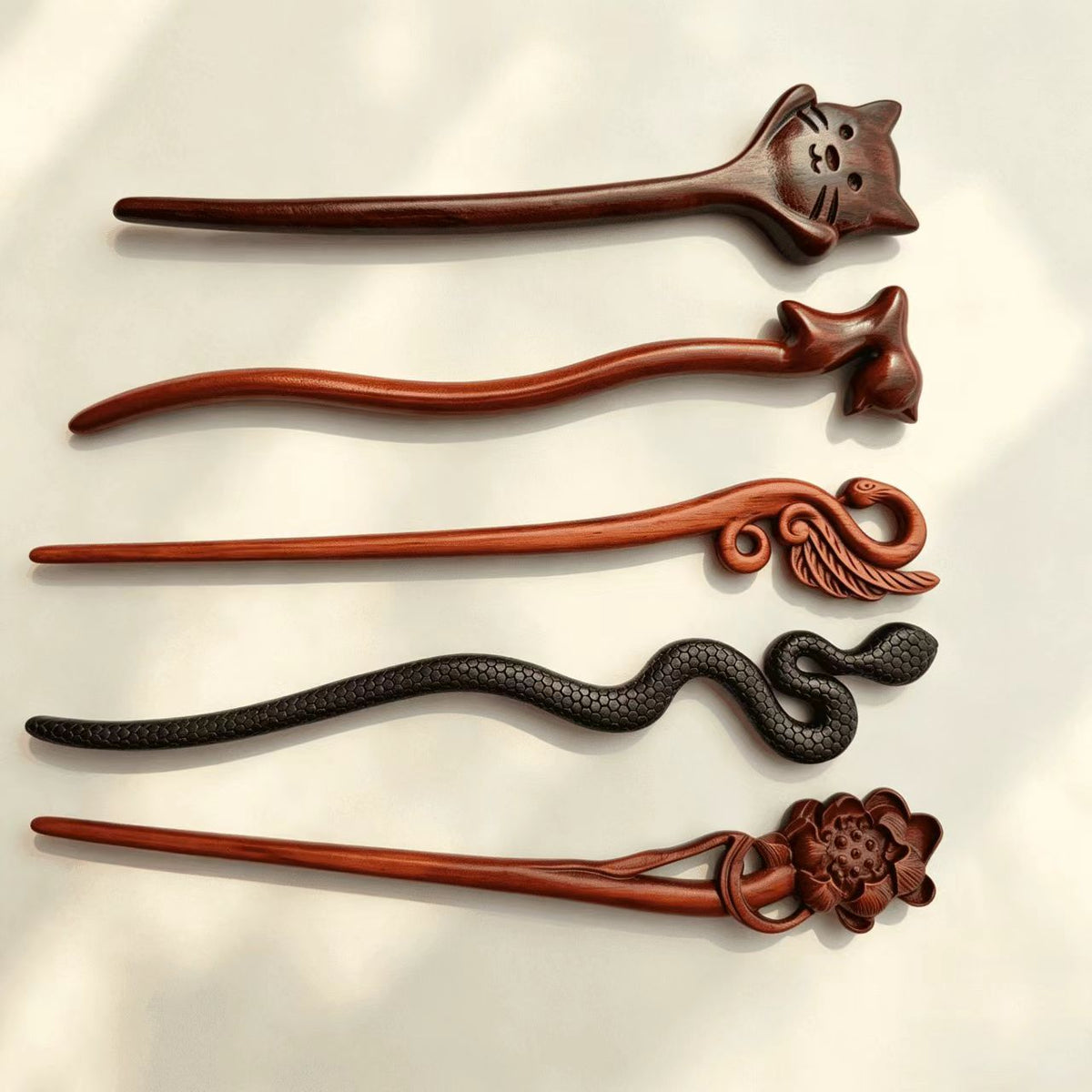 Handmade Sandalwood Hair Stick Set of 5 | Cat, Swan, Snake & Lotus Collection