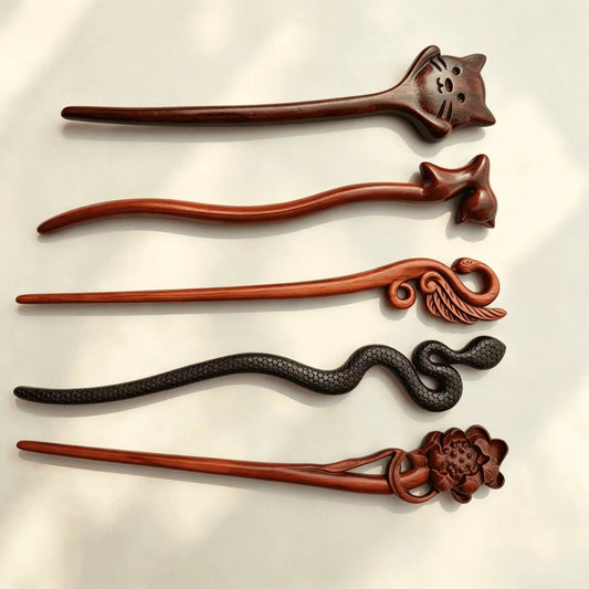 Handmade Sandalwood Hair Stick Set of 5 | Cat, Swan, Snake & Lotus Collection
