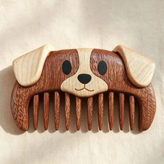 Hand-Carved Wooden Puppy Comb | Natural Wood Hair Comb