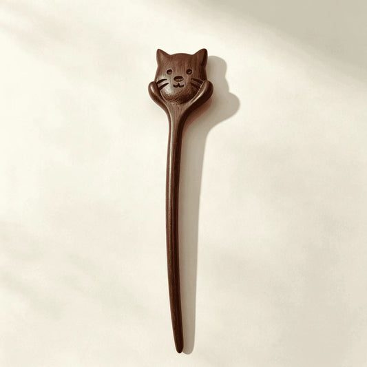 Hand-Carved Cat Face Sandalwood Hair Stick | Cute Wooden Hair Pin