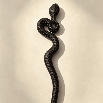 Hand-Carved Black Sandalwood Snake Hair Stick | Gothic Wooden Hair Pin