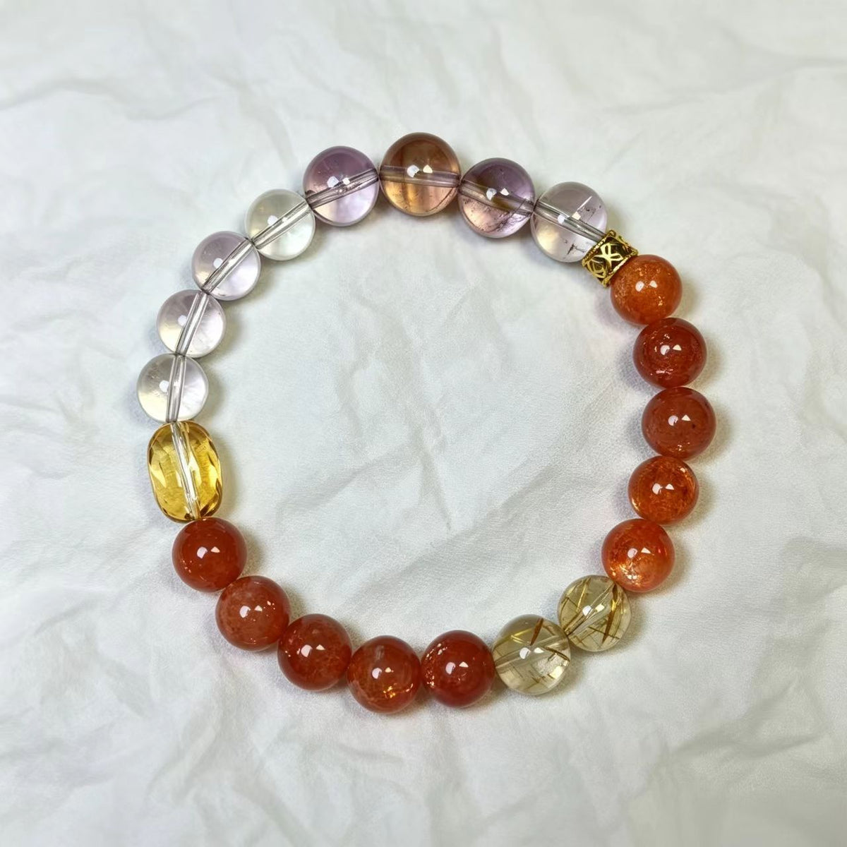 Handmade Natural Crystal Bracelet | Amethyst, Citrine & Gold Rutilated Quartz | Mixed Size Beads