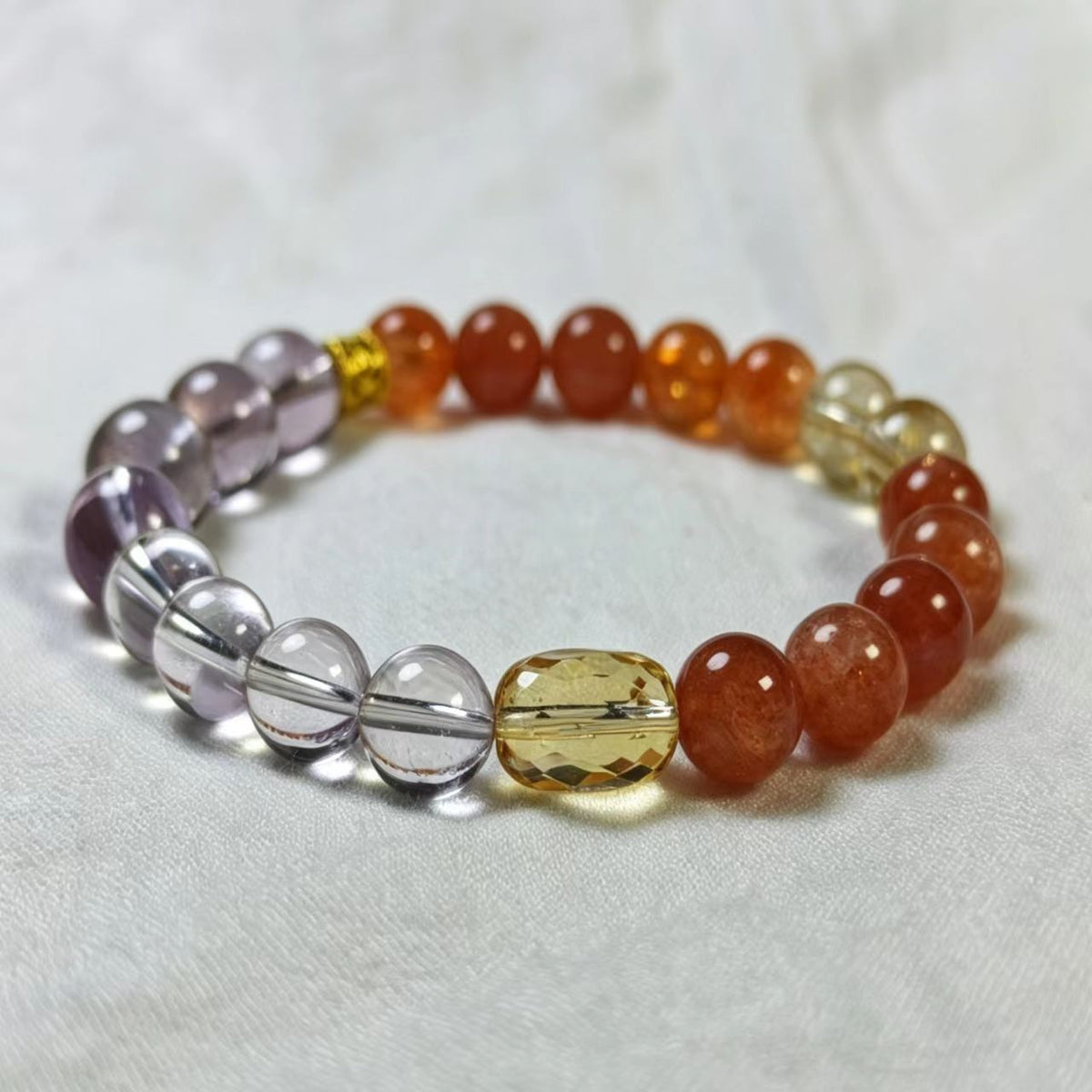 Handmade Natural Crystal Bracelet | Amethyst, Citrine & Gold Rutilated Quartz | Mixed Size Beads