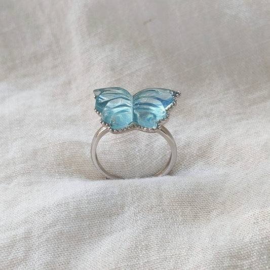 Natural Aquamarine Butterfly Ring | 925 Sterling Silver | Adjustable