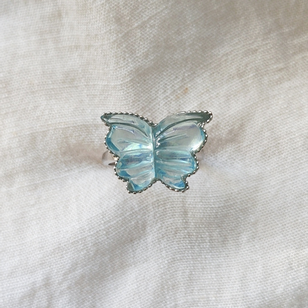 Natural Aquamarine Butterfly Ring | 925 Sterling Silver | Adjustable