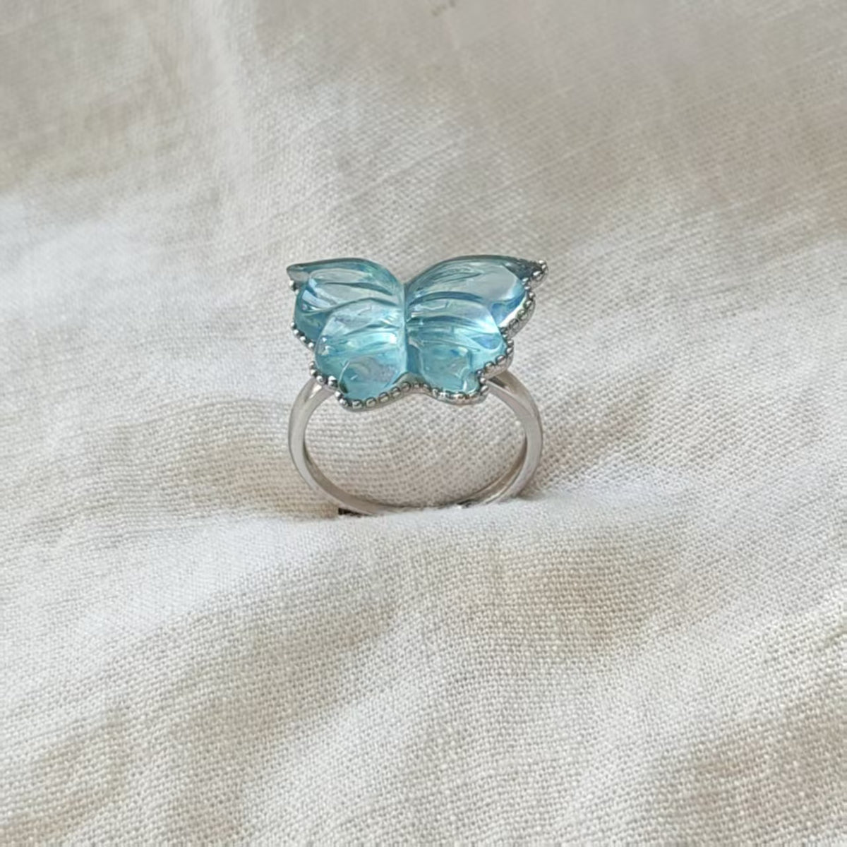 Natural Aquamarine Butterfly Ring | 925 Sterling Silver | Adjustable