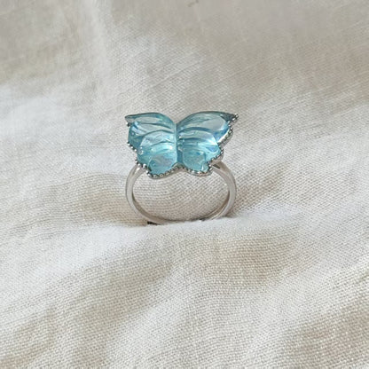 Natural Aquamarine Butterfly Ring | 925 Sterling Silver | Adjustable