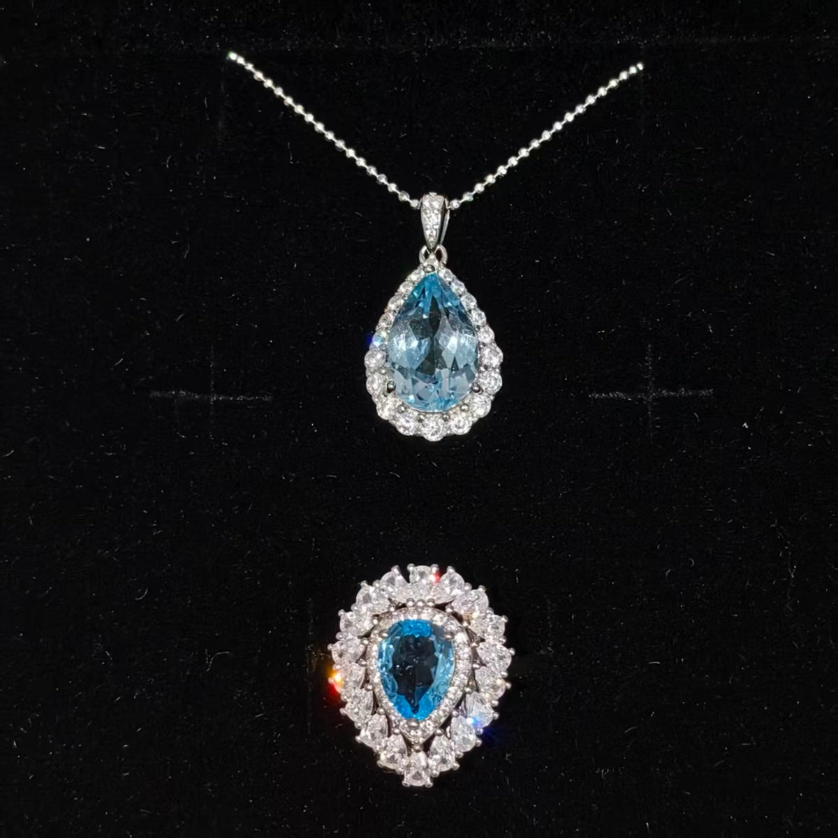 Natural Blue Topaz Jewelry Set | 925 Sterling Silver Ring & Pendant