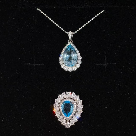 Natural Blue Topaz Jewelry Set | 925 Sterling Silver Ring & Pendant