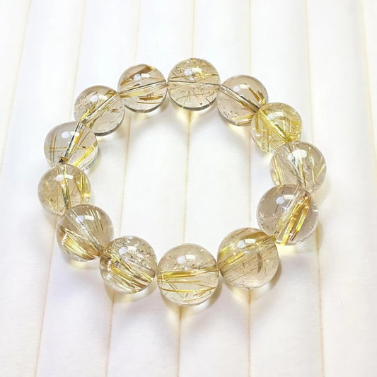 Natural Golden Rutilated Quartz Bracelet | 13mm Beads
