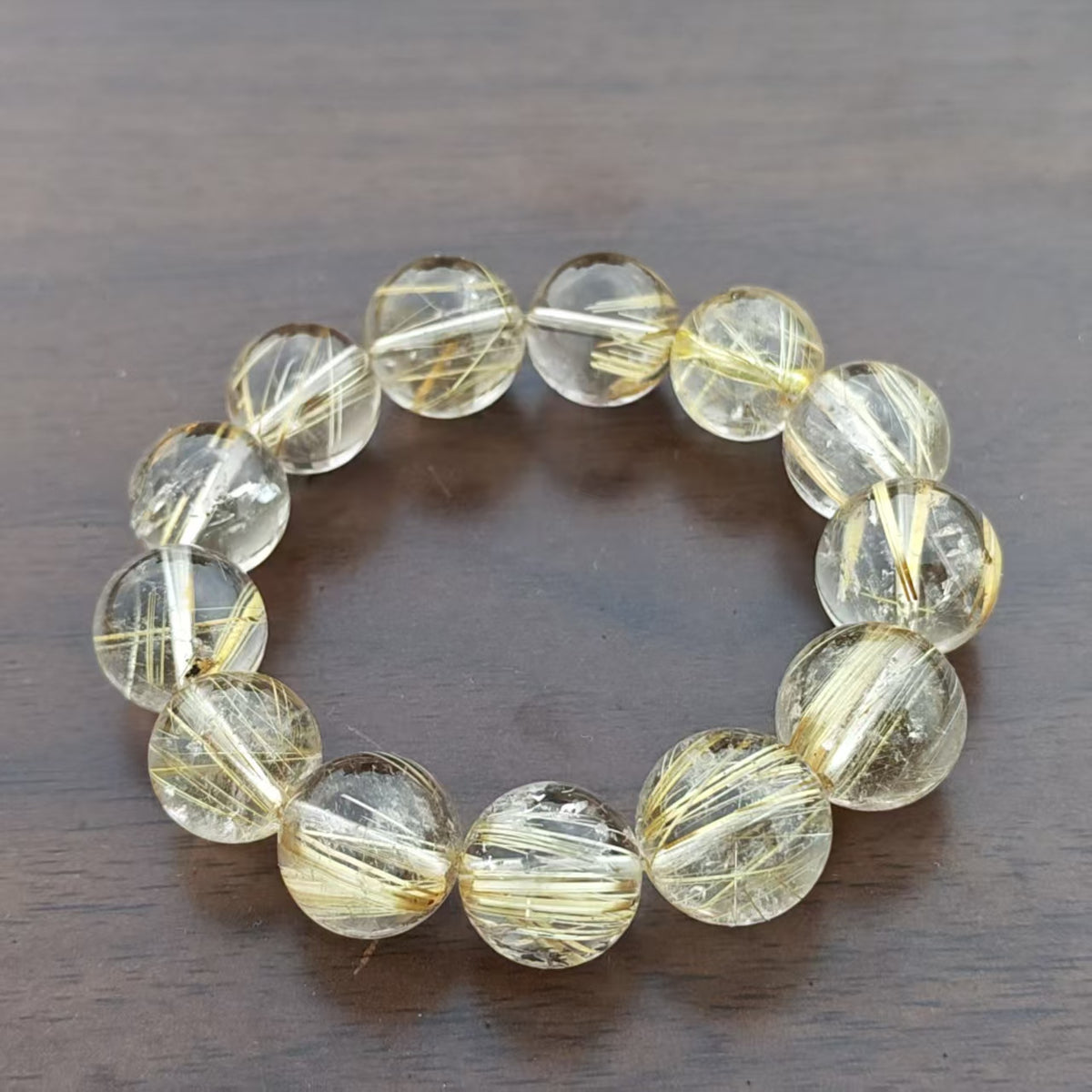 Natural Golden Rutilated Quartz Bracelet | 13mm Beads