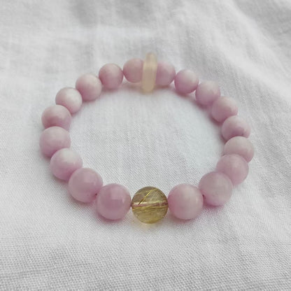 Handmade Natural Kunzite Bracelet | Gold Rutilated Quartz & Chalcedony | Mixed Size Beads