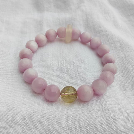 Handmade Natural Kunzite Bracelet | Gold Rutilated Quartz & Chalcedony | Mixed Size Beads