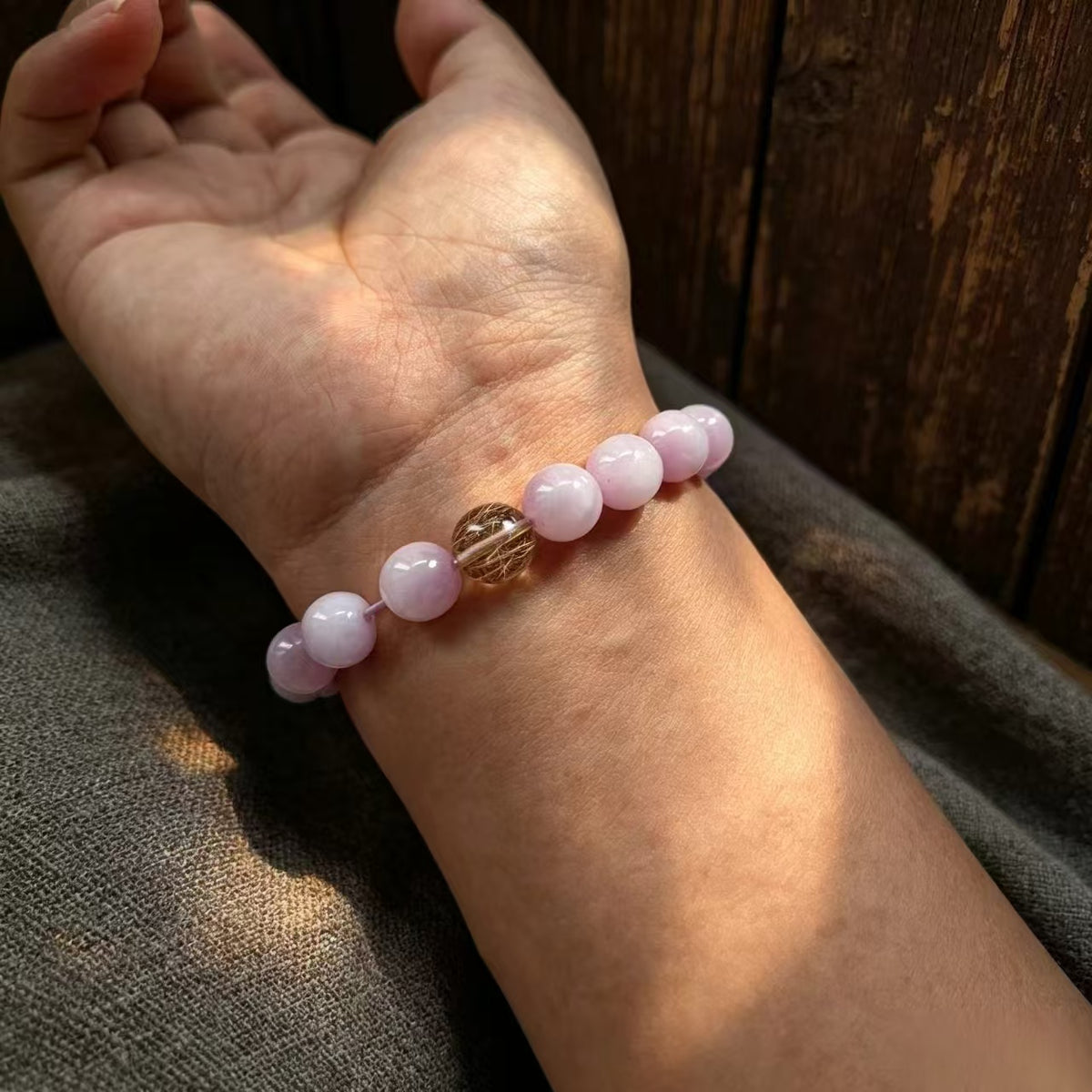 Handmade Natural Kunzite Bracelet | Gold Rutilated Quartz & Chalcedony | Mixed Size Beads