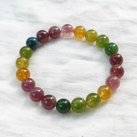 Natural Multi-Color Tourmaline Bracelet | 9-9.3mm Beads