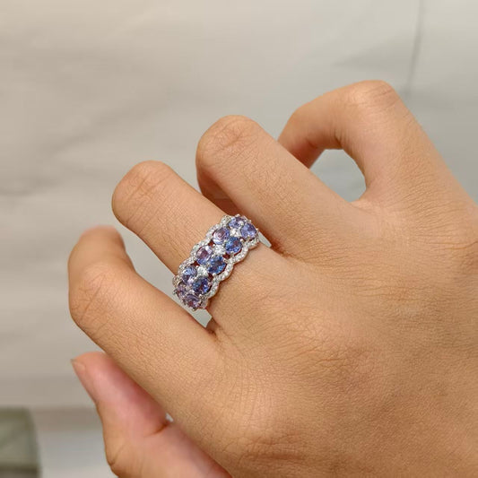 Natural Multi-Stone Tanzanite Ring | 925 Sterling Silver | Adjustable