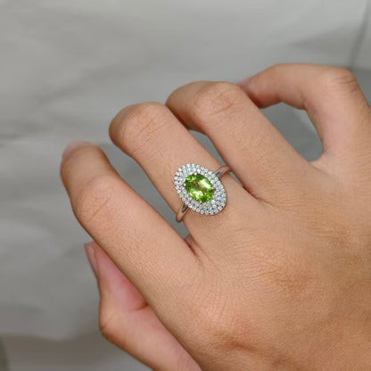 Natural Peridot Ring | 925 Sterling Silver & Zirconia | Adjustable