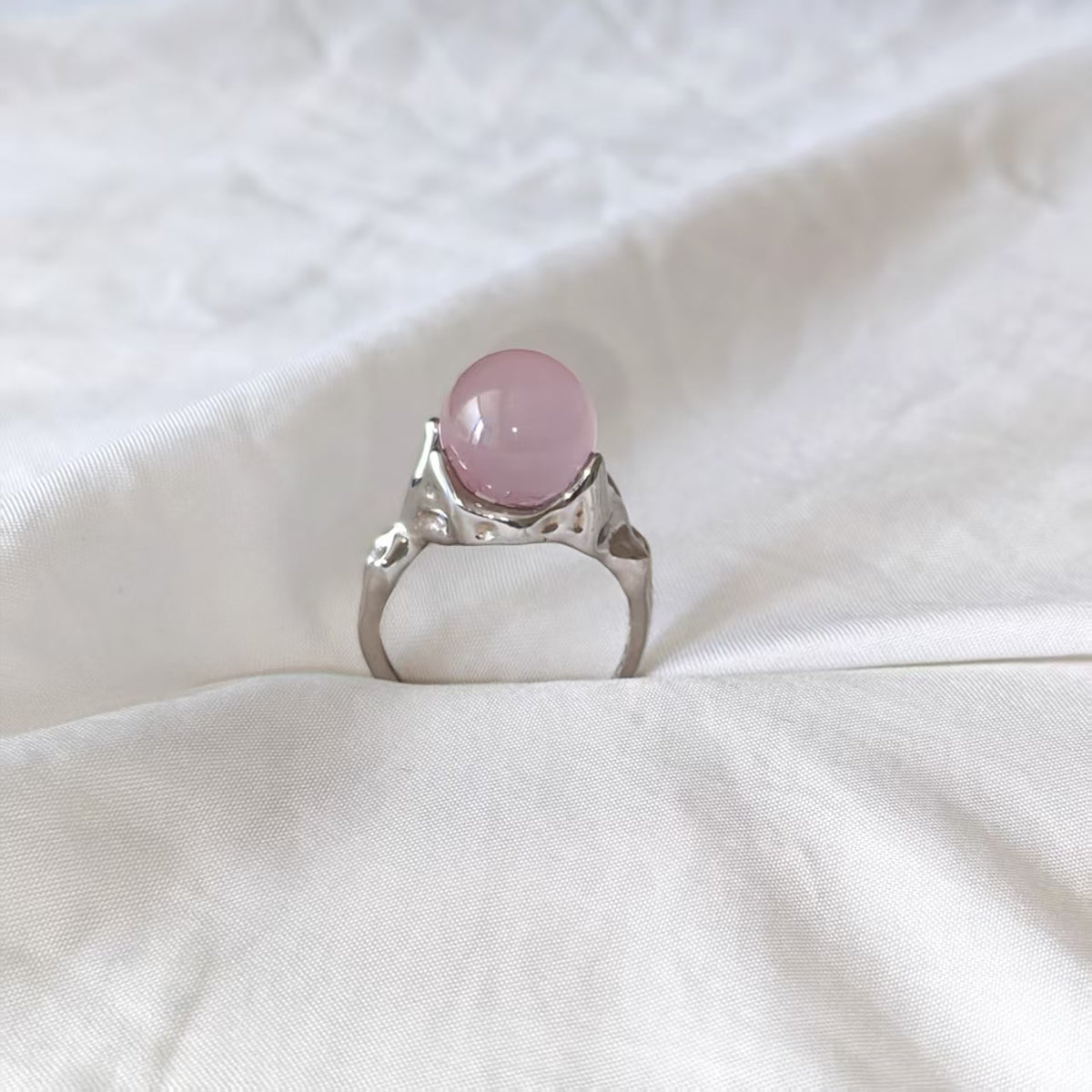 Natural Rose Quartz Sphere Ring | 925 Sterling Silver | Adjustable