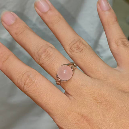 Natural Rose Quartz Sphere Ring | 925 Sterling Silver | Adjustable
