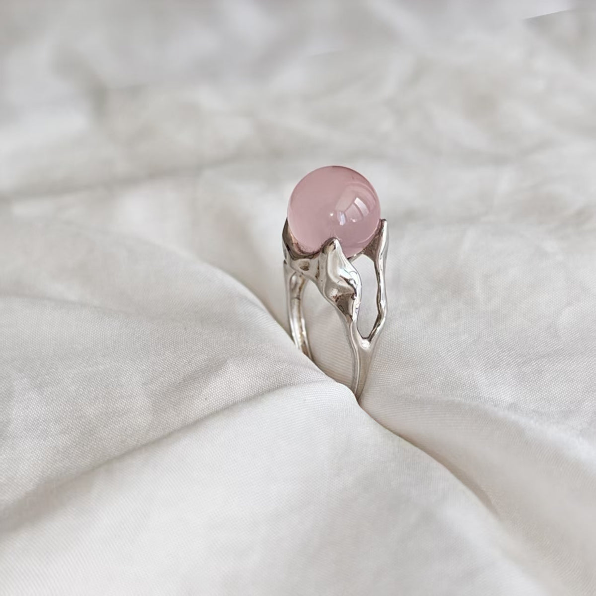 Natural Rose Quartz Sphere Ring | 925 Sterling Silver | Adjustable