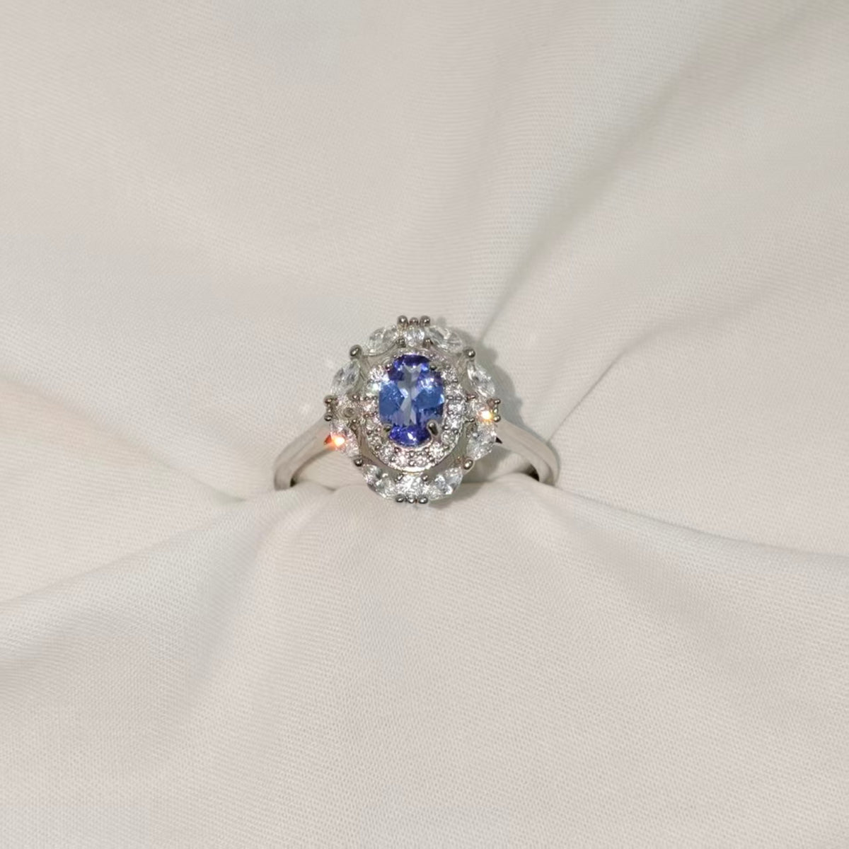 Natural Unheated Tanzanite Double Halo Ring | 925 Silver | Adjustable
