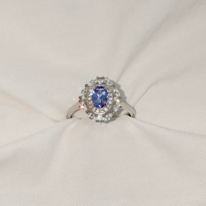 Natural Unheated Tanzanite Double Halo Ring | 925 Silver | Adjustable