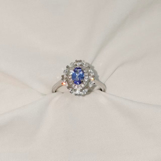 Natural Unheated Tanzanite Double Halo Ring | 925 Silver | Adjustable